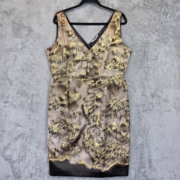 Tahari Dress Womens 16 Gold Black Metallic Jacquard V Neck Sleeveless Sheath - Picture 1 of 11